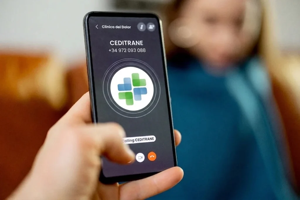 Persona sosteniendo un teléfono móvil con una llamada entrante de CEDITRANE - Clínica del Dolor, mostrando el logotipo de la empresa y el número de contacto +34 972 093 088.